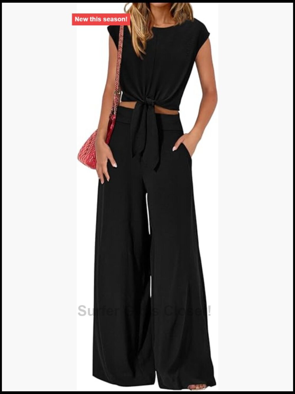 2 Piece Lounge Set Cap Sleeve Crop Top Wide Leg Pant Tracksuit with Pockets